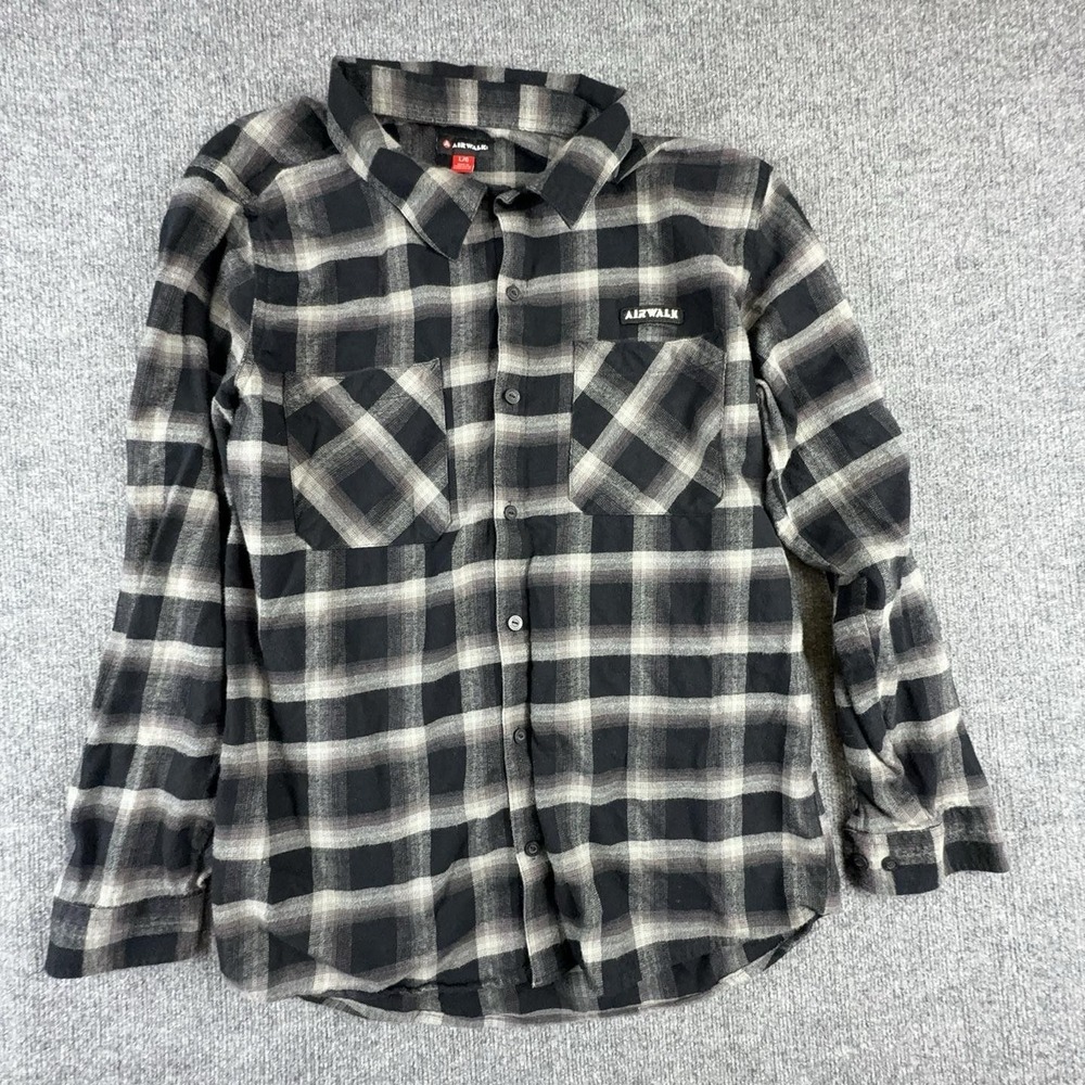 Airwalk Shirt Mens Large Gray Plaid Flannel Long Sleeve Button Up Casual Pockets